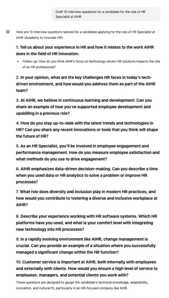 An example of using ChatGPT to generate interview questions for a specific role.