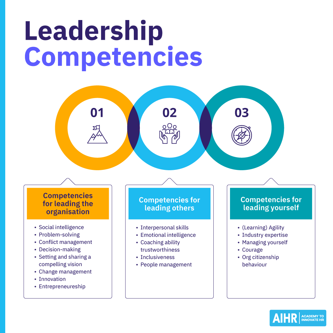Leadership competencies grouped into leading the organization, leading others, and leading yourself with example skills