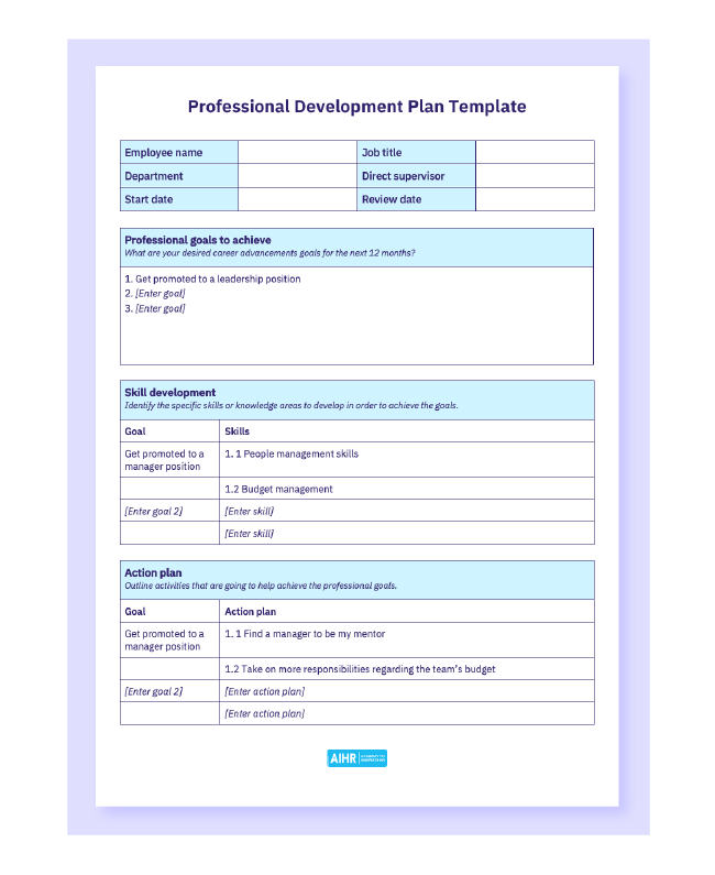 Sample template image of a professional development plan.